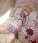  1girl ahoge alternate_costume bangs bed blanket blonde_hair blue_ribbon bouquet box candy character_name copyright_name curtains empty_eyes fate/stay_night fate_(series) floral_print flower gift gift_box grey_skirt hair_down highres looking_at_viewer loose_clothes lying midriff miniskirt mizu_(dl7613) mouth_hold on_back petals pillow pleated_skirt polka_dot red_flower red_ribbon red_rose ribbon ribbon_in_mouth rose saber school_uniform serafuku shirt sketch skirt sleeves_past_wrists solo spread_legs white_ribbon white_shirt 