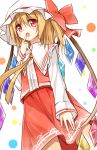  1girl adapted_costume between_breasts blonde_hair bow fang finger_to_mouth flandre_scarlet hat hat_bow long_sleeves mob_cap necktie necktie_between_breasts open_mouth red_eyes shirt side_ponytail skirt solo touhou vest wings yuuhagi_(amaretto-no-natsu) 