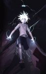 1boy blue_eyes electricity full_body highres hunter_x_hunter killua_zoldyck male_focus shoes shorts solo standing_on_one_leg synthesine tank_top white_hair 
