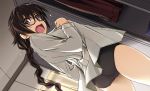  1girl ass blush braid brown_eyes brown_hair embarrassed glasses long_hair looking_at_viewer open_mouth shikei solo 