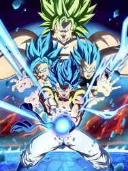  black_vest broly_(dragon_ball_super) dragon_ball dragon_ball_super dragon_ball_super_broly galick_gun gogeta green_eyes green_hair group_picture highres kamehameha_(dragon_ball) legendary_super_saiyan male_focus medium_hair metamoran_vest muscular muscular_male no_shirt open_clothes open_vest solo_focus son_goku spiky_hair super_saiyan super_saiyan_blue urotakanata02 vegeta vest 