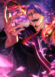  1boy absurdres black_shirt duryodhana_(fate) earrings facial_hair fate/grand_order fate_(series) fingernails goatee highres jewelry koniko0907 long_hair looking_at_viewer male_focus open_mouth purple_hair sash shirt solo tassel tassel_earrings teeth upper_body violet_eyes 