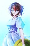  1girl blue_background blue_eyes collarbone dress hairband hat holding holding_hat kanon_memphis lips looking_at_viewer redhead shiny shiny_hair short_hair smile solo soukyuu_no_fafner sugar121 white_dress 
