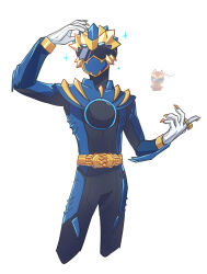  2boys absurdres armor assault_visor black_bodysuit blue_armor blue_bodysuit blue_helmet bodysuit chibi chibi_inset cowboy_shot gozyuleon gozyuwolf helmet highres male_focus multiple_boys no.1_sentai_gozyuger seal_007 sentai_ring simple_background solo_focus super_sentai tokusatsu white_background 