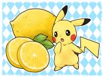  blush_stickers brown_eyes fang food fruit lemon no_humans open_mouth oversized_object pikachu pokemon pokemon_(creature) solo zrae 