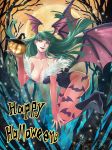  1girl :d bare_shoulders bare_tree bat_print bat_wings black_boots boots breasts cleavage collarbone english feather_trim floating_hair flying full_body full_moon green_eyes green_hair halloween happy_halloween hat head_wings highres hinata_gureko jack-o&#039;-lantern leotard long_hair moon morrigan_aensland nail_polish open_mouth pantyhose pink_legwear print_legwear pumpkin smile solo tree vampire_(game) wings witch_hat 