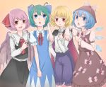  4girls antennae ascot bird_wings blonde_hair blue_dress blue_eyes blue_hair blush brown_dress brown_eyes cape cirno cirno_(cosplay) cosplay costume_switch dress gradient gradient_background green_hair hair_ornament hair_ribbon hat highres ice ice_wings long_sleeves looking_at_viewer looking_up multiple_girls mystia_lorelei mystia_lorelei_(cosplay) open_mouth orange_background pants pink_hair puffy_sleeves red_eyes ribbon rumia rumia_(cosplay) sail_(blacksail) shirt short_hair short_sleeves skirt skirt_set smile team_9 touhou vest wings wriggle_nightbug wriggle_nightbug_(cosplay) 