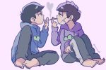  2boys barefoot black_hair brothers cigarette heart heart_of_smoke hoodie ichimatsu karamatsu lighting_cigarette looking_at_another messy_hair multiple_boys osomatsu-kun osomatsu-san pants pink_background siblings simple_background single_vertical_stripe sitting surgical_mask track_pants twitter_username 