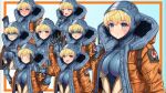  1girl afueeriru apex_legends blonde_hair blue_eyes blush breasts expressions eyebrows_visible_through_hair heart heart-shaped_pupils highres hood hood_up jacket large_breasts multiple_views open_clothes open_jacket orange_jacket scar smile solo standing symbol-shaped_pupils tachi-e tagme wattson_(apex_legends) 