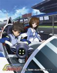  1boy 1girl black_hair brown_hair car copyright_name future_gpx_cyber_formula highres hisayuki_hirokazu kazami_hayato long_hair motor_vehicle official_art racing_suit short_hair sugou_asuka vehicle 