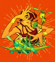  1boy aerosmith_(stand) aircraft airplane commentary english_commentary ginsky2000 headband highres jojo_no_kimyou_na_bouken mixed-language_commentary narancia_ghirga orange_background orange_eyes propeller short_hair stand_(jojo) vento_aureo yellow_headband 