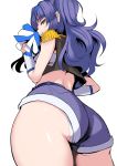  1girl ass long_hair looking_at_viewer looking_down midriff miyamoto_issa pink_eyes purple_hair short_shorts shorts simple_background smile solo thighs white_background 