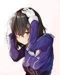 1girl batatata77 black_hair brown_eyes gloves haguro_(kantai_collection) hair_ornament hands_on_own_head highres kantai_collection one_eye_closed remodel_(kantai_collection) short_hair solo tears translated uniform 
