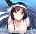  1girl artist_name bare_shoulders black_hair breasts collarbone detached_sleeves eko hair_ornament hairband kantai_collection large_breasts looking_at_viewer partially_submerged red_eyes see-through short_hair smile solo traditional_clothes water water_surface yamashiro_(kantai_collection) 