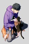  1boy black_hair cat from_above grey_background hoodie ichimatsu indian_style male_focus mocchiri_oyaji osomatsu-kun osomatsu-san short_hair simple_background sitting solo surgical_mask 