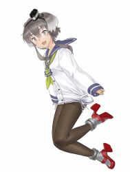  1girl anchor_symbol black_hair blue_sailor_collar chain commentary_request dress full_body grey_hair hair_between_eyes hat kantai_collection long_sleeves looking_at_viewer mini_hat muhamado multicolored_hair neckerchief open_mouth pantyhose rudder_footwear sailor_collar sailor_dress shoes short_hair_with_long_locks simple_background sleeves_past_wrists solo thighband_pantyhose tokitsukaze_(kancolle) white_background white_dress yellow_neckerchief 