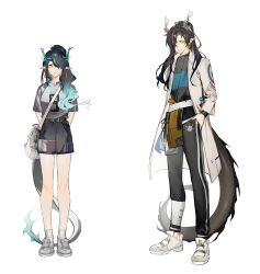  1boy 1girl absurdres alternate_costume arknights black_hair brother_and_sister dragon_girl dragon_horns dragon_tail dusk_(arknights) earrings eastern_dragon_tail green_horns hair_over_one_eye heishisei highres horns jewelry pointy_ears red_eyes siblings tail tassel tassel_earrings transparent_background wang_(arknights) yellow_eyes 