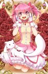  +_+ 1girl :3 :d ahoge blush bubble_skirt choker flower gloves highres kaname_madoka kyubey looking_at_viewer magical_girl magister_(medical_whiskey) mahou_shoujo_madoka_magica open_mouth pink_eyes pink_hair puffy_sleeves red_eyes rose short_hair short_sleeves short_twintails skirt smile soul_gem twintails white_gloves 