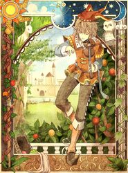  1boy art_deco art_nouveau basket bird blonde_hair boots castle clock closed_eyes crescent_moon escente food fruit grapefruit hat highres instrument long_sleeves moon original owl rabbit smile solo sun tagme vines violin 