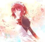  1girl apron blue_eyes bow hisui iwanaga_tm juliet_sleeves long_sleeves maid maid_apron maid_headdress matsuki_miyu open_mouth petals puffy_sleeves redhead smile solo tsukihime twitter_username 