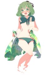  1girl aoi_(annbi) bikini blush bow breasts ghost_tail green_bikini green_eyes green_hair hat hat_bow highres large_breasts looking_at_viewer navel open_mouth sarong short_hair soga_no_tojiko solo swimsuit touhou 