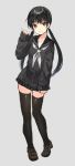  1girl :p black_eyes black_hair black_legwear blush commentary_request hanekoto loafers long_hair looking_at_viewer original school_uniform serafuku shoes skirt sleeves_past_wrists smile solo thigh-highs tongue tongue_out twintails 