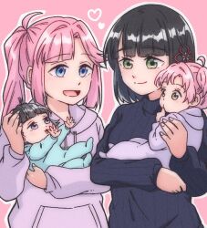  4girls :d ahoge anyoji_hime anyoji_hime_(winter_loungewear) black_hair black_sweater blue_eyes blunt_bangs blunt_ends bob_cut breasts closed_mouth commentary_request donpa eye_contact family green_eyes hair_intakes holding_baby hood hoodie if_they_mated link!_like!_love_live! long_hair looking_at_another love_live! medium_breasts momose_ginko momose_ginko_(winter_loungewear) multiple_girls open_mouth pink_background pink_hair ponytail purple_hoodie science_babies short_hair short_sidetail side_ponytail sidelocks simple_background smile sweater swept_bangs very_long_hair virtual_youtuber yuri 