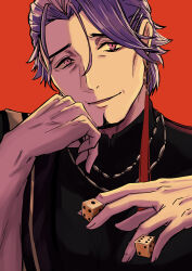  1boy absurdres between_fingers black_shirt cheekbones dice duryodhana_(fate) earrings facial_hair fate/grand_order fate_(series) goatee highres holding jewelry koniko0907 looking_at_viewer male_focus mature_male orange_background parted_lips pink_eyes purple_hair shirt simple_background solo tassel tassel_earrings upper_body 
