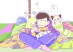  1boy brown_hair cat cellphone chips cigarette dakimakura_(object) hoodie ichimatsu indian_style jitome magazine male_focus messy_hair osomatsu-kun osomatsu-san phone pillow sitting smartphone smoking socks solo 