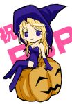  1girl bare_shoulders blonde_hair blush_stickers boots breasts chibi cleavage crossed_legs deneb_rove dress elbow_gloves gloves hair_intakes hat high_heel_boots high_heels jack-o&#039;-lantern long_hair looking_at_viewer messy_hair microdress pumpkin purple_boots purple_dress purple_gloves purple_hat simple_background sitting solo strapless_dress tactics_ogre tanyao thigh-highs violet_eyes white_background witch witch_hat zettai_ryouiki 