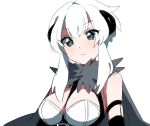  1girl blue_eyes breasts cape cleavage kz_609 looking_at_viewer pangoro personification pokemon sidelocks upper_body white_background white_hair 