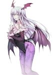  1girl artist_name bare_shoulders bat_print breasts cleavage demon_girl demon_wings floating_hair graphite_(medium) hands_on_own_chest head_wings highleg highleg_leotard highres leotard long_hair mintes morrigan_aensland pantyhose print_legwear purple_legwear solo succubus traditional_media vampire_(game) very_long_hair white_background white_hair wings yellow_eyes 