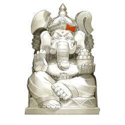  1girl axe bindi bow bowl broken_tusk earrings elephant_girl extra_arms fate/grand_order fate_(series) full_body game_cg ganesha_(fate) hair_bow hat holding holding_axe holding_bowl jewelry looking_at_viewer navel official_art pants sitting solo statue tachi-e third-party_source transparent_background wada_arco 