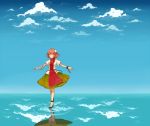  1girl amputee bandages bow bun_cover cuffs double_bun flower highres ibaraki_kasen nanda-juleha outstretched_arms pink_hair puffy_sleeves red_eyes reflection rose short_hair skirt sky smile solo standing standing_on_water tabard touhou 