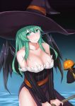  1girl alternate_costume bare_shoulders blue_background blush breasts broom cleavage collarbone cosplay cowboy_shot detached_sleeves dragon&#039;s_crown gradient gradient_background green_eyes green_hair halloween hat holding jack-o&#039;-lantern kantai_collection large_breasts long_hair long_sleeves looking_at_viewer pumpkin solo sorceress_(dragon&#039;s_crown) sorceress_(dragon&#039;s_crown)_(cosplay) sukitsukasa suzuya_(kantai_collection) v_arms water wings witch_hat 
