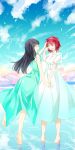  2girls :d ^_^ bare_shoulders barefoot black_hair blue_dress blush breasts closed_eyes clouds collarbone crying dress hand_on_another&#039;s_head hazama_shouko highres holding_hands horizon kanon_memphis kobachi_(ffn11) leg_up long_hair multiple_girls open_mouth petals redhead ribbon shiny shiny_hair short_hair sky smile soukyuu_no_fafner spoilers standing standing_on_water tears white_dress 