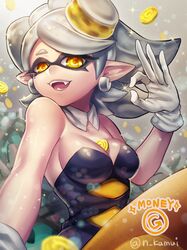  1girl between_breasts breasts cleavage coin detached_collar dress earrings fangs food food_on_head gloves hotaru_(splatoon) jewelry long_hair mole mole_under_eye money_gesture n_kamui object_on_head open_mouth pantyhose pointy_ears short_hair solo splatoon symbol-shaped_pupils tentacle_hair 