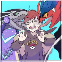  1girl blush border commentary_request glasses hands_up hood hood_down hoodie koraidon licking licking_another&#039;s_face long_sleeves miraidon multicolored_hair one_eye_closed open_mouth penny_(pokemon) poke_ball_print pokemon pokemon_(creature) pokemon_sv red_hair round_eyewear sagemaru-br short_hair signature sweat teeth tongue two-tone_hair 