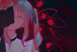  1other akiyama_mizuki black_background bow closed_mouth covered_eyes dress expressionless flower frills hair_flower hair_ornament hair_ribbon highres keikyoku_no_machi_wa_doko_e_(project_sekai) lace-trimmed_blindfold lace-trimmed_ribbon lace_trim long_hair nanami_77m official_alternate_costume one_eye_in_shadow other_focus pink_eyes pink_hair project_sekai ribbon shirt side_ponytail sidelocks simple_background solo upper_body white_dress 