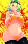  1girl :p bare_shoulders bikini black_legwear blue_eyes breasts character_name cowboy_shot eyebrows eyebrows_visible_through_hair goggles goggles_on_head green_hair gumi hair_between_eyes hand_on_own_chest highres looking_to_the_side navel o-ring_bikini orange_bikini short_hair solo swimsuit tarbo_(exxxpiation) thigh-highs tongue tongue_out under_boob vocaloid 