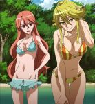  2girls akame_ga_kill! bikini blonde_hair breasts brown_hair candy chelsea_(akame_ga_kill!) cleavage highres large_breasts leone lollipop long_hair looking_at_viewer multiple_girls open_mouth red_eyes screencap smile square_enix standing stitched swimsuit thighs yellow_eyes 