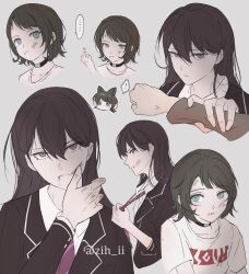  ! ... 2girls aged_down bang_dream! bang_dream!_it's_mygo!!!!! black_choker black_hair black_jacket blue_eyes censored censored_gesture choker commentary diagonal-striped_clothes diagonal-striped_necktie hair_between_eyes haneoka_school_uniform hashtag-only_commentary highres injury jacket kemonomimi_mode long_hair middle_finger mole mole_under_eye multiple_girls necktie open_mouth purple_necktie school_uniform shiina_taki shirt short_hair short_sleeves spoken_ellipsis spoken_exclamation_mark striped_clothes violet_eyes white_shirt yahata_umiri zih_ii 