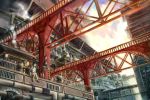  1boy 1girl architecture balcony bridge dutch_angle east_asian_architecture headphones headphones_around_neck highres manoma original pipes railing scenery sitting stairs steam tagme train vent_(object) 
