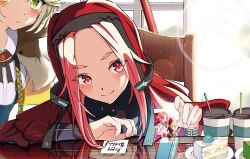  2girls absurdres blonde_hair brown_capelet cake capelet cup deerstalker food happy_birthday hat heaven_burns_red highres irene_redmayne maria_de_angelis multiple_girls nun parted_bangs red_eyes red_hair short_hair takato_(takato_kwhra) veil yellow_eyes 