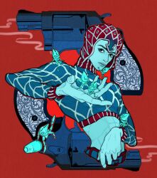  1boy argyle_clothes argyle_sweater black_eyes commentary english_commentary ginsky2000 guido_mista gun hat highres jojo_no_kimyou_na_bouken midriff mixed-language_commentary red_background revolver sex_pistols_(stand) stand_(jojo) sweater turtleneck vento_aureo weapon 