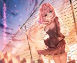  1girl aile_(crossroads) arms_behind_back backlighting blush building chain-link_fence cityscape fence floating_hair green_eyes head_tilt long_hair long_sleeves looking_at_viewer megurine_luka necktie parted_lips pink_hair pleated_skirt red_necktie school_uniform skirt sky skyscraper solo song_name standing star_(sky) starry_sky sunlight sunset translated vocaloid wind 