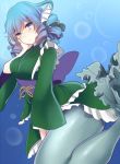  1girl blue_eyes blue_hair bubble drill_hair fish_tail head_fins japanese_clothes kimono mermaid monster_girl rimu_(kingyo_origin) solo touhou underwater wakasagihime wide_sleeves 
