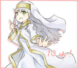  ! 1girl anniversary commentary cowboy_shot dot_nose dress from_side green_eyes grey_hair hair_between_eyes hand_up highres index_(toaru_majutsu_no_index) index_finger_raised layered_sleeves light_blush long_hair long_sidelocks long_sleeves looking_at_viewer nun official_style open_mouth robe safety_pin sidelocks simple_background solo teeth toaru_majutsu_no_index tomato_(lsj44867) upper_teeth_only white_background white_dress white_mouth white_robe 