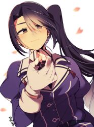  1girl black_hair blush breasts brown_eyes cherry_blossoms closed_mouth commentary_request gloves gradient_hair grey_hair hair_between_eyes higaragi highres holding holding_petal jacket kantai_collection long_hair long_sleeves looking_at_viewer multicolored_hair nachi_(kancolle) nachi_kai_ni_(kancolle) petals purple_jacket side_ponytail simple_background solo upper_body very_long_hair white_background white_gloves 