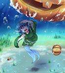  1girl ajia_(otya3039) blue_eyes blue_hair bubble head_fins jack-o&#039;-lantern japanese_clothes kimono mermaid monster_girl pumpkin sash solo tears touhou underwater wakasagihime 